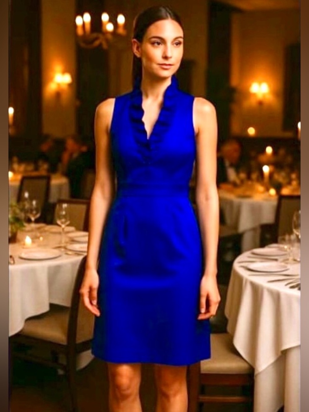 New JUST TAYLOR Royal Blue Satin Formal Dress Sleeveless Ruffle Pleat Collar 6